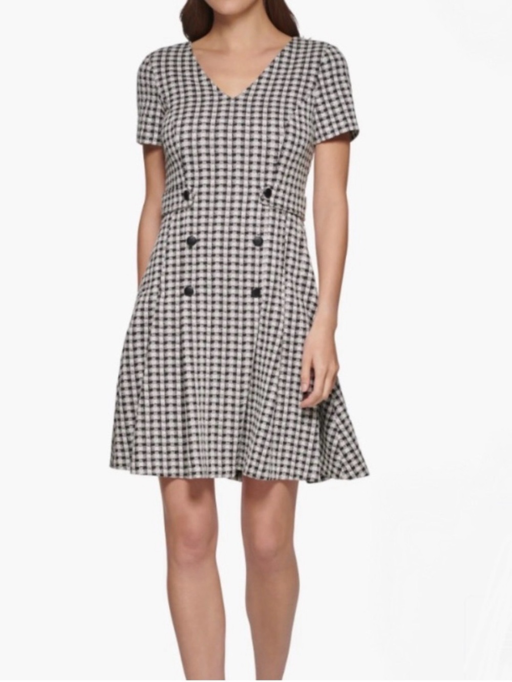 DKNY Black White Houndstooth Checkered Fit & Flare Dress Size 10P NWT